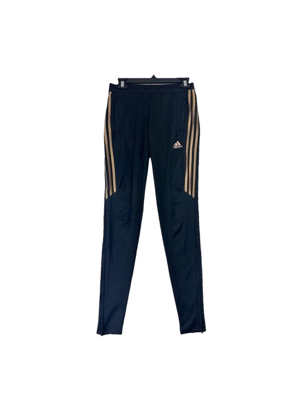 Adidas Womens Tiro 17 Black Tapered Training Pants Sz XS Gold Stripe Track Zip